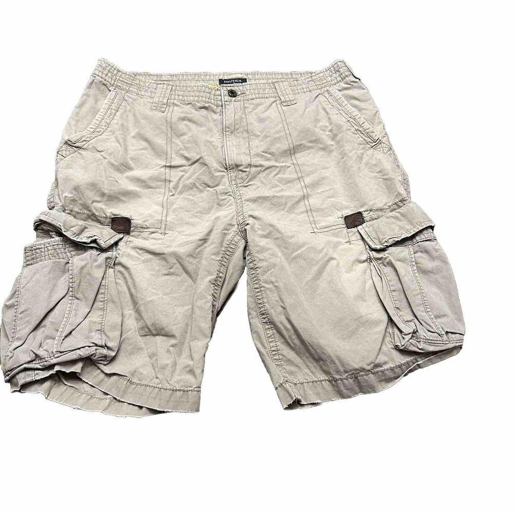 Nautica Cargo Khaki Shorts Men 38 Baggy Skater Y2K Grunge Leather Accents‎